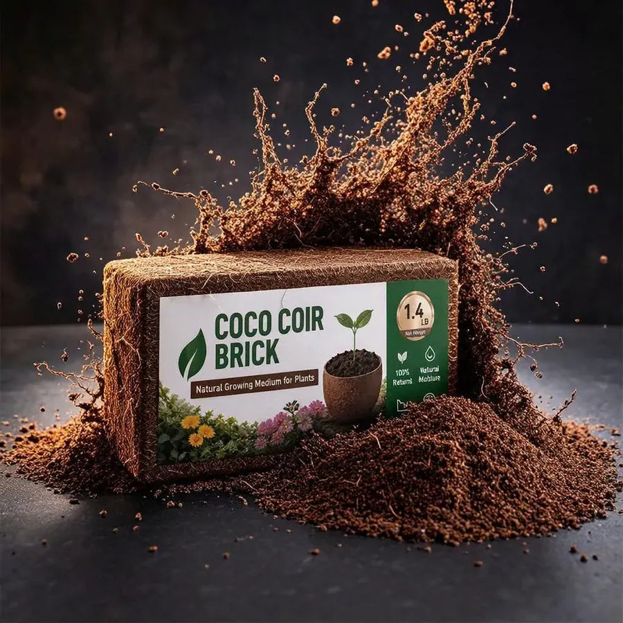 Deanurx coco coir brick beside loose hydrated coir