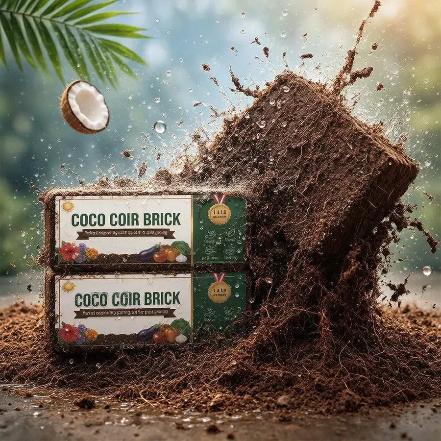 Compressed coco coir bricks opening into loose coir after hydration