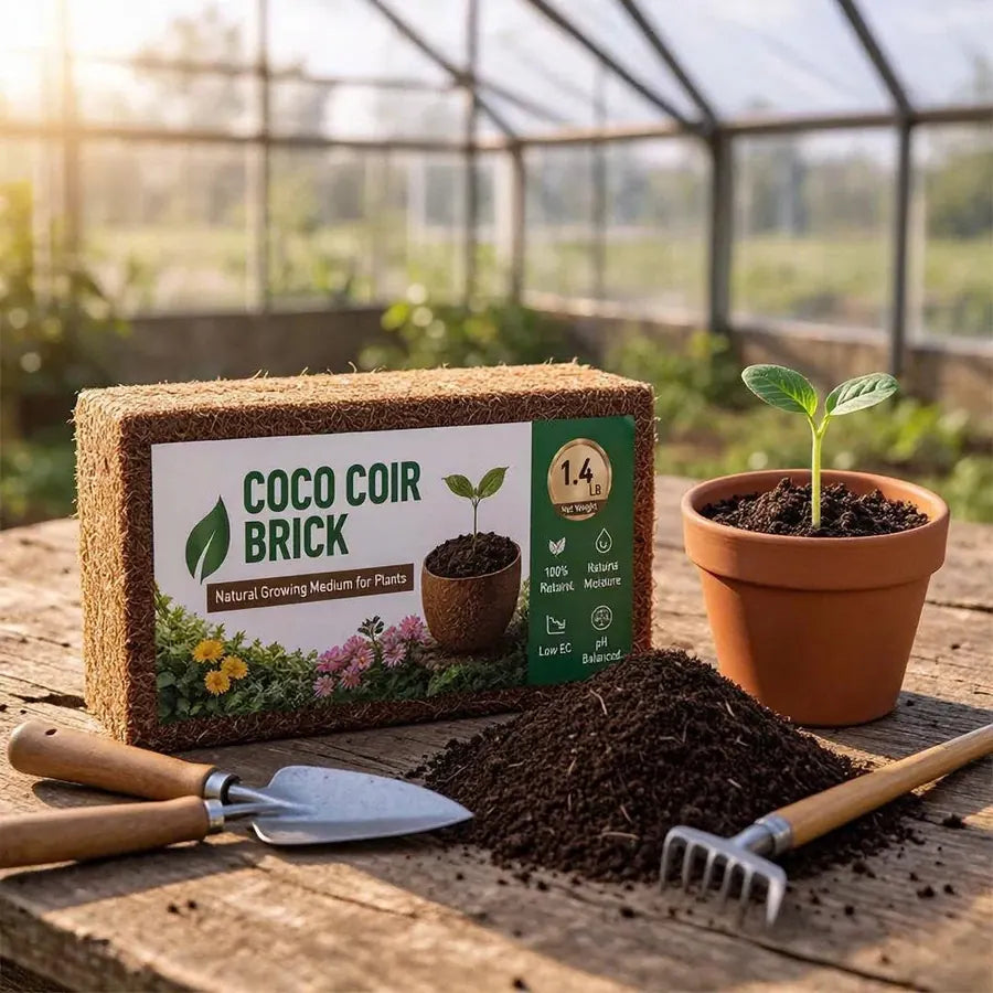 Deanurx coco coir brick, loose coir, garden tools, and a young plant