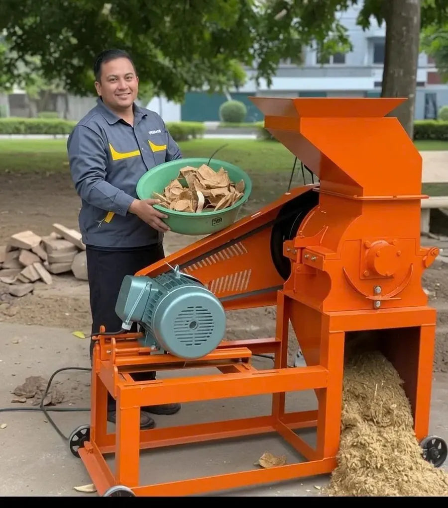 Coconut husk fiber being processed into usable coir